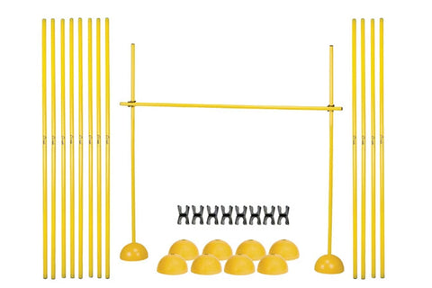 Yellow agility hurdle set with eight vertical poles, horizontal crossbar, eight yellow dome cones, and black cone markers on 