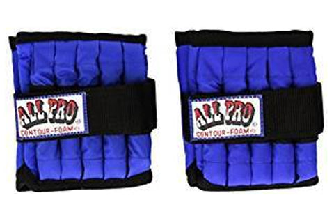 Blue and black padded weight wrist wraps with All Pro contour foam label, shown as pair on white background