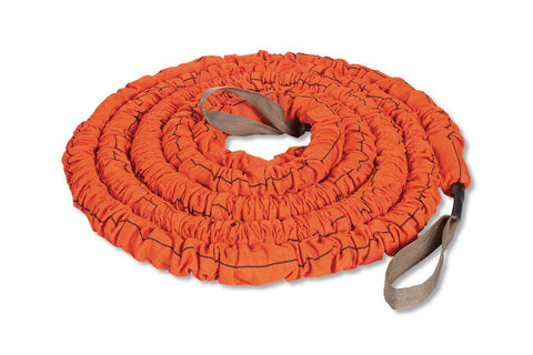 Bright orange battle rope with ruched texture and beige fabric handles on each end, coiled on white background