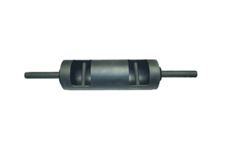 Black steel foam roller with textured grooves and cylindrical handles on both ends, shown on white background