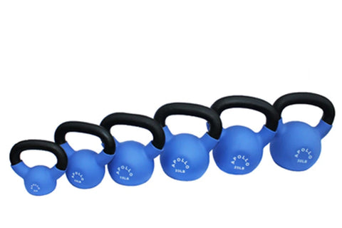 Set of six blue rubber-coated kettlebells with black handles in increasing sizes on white background