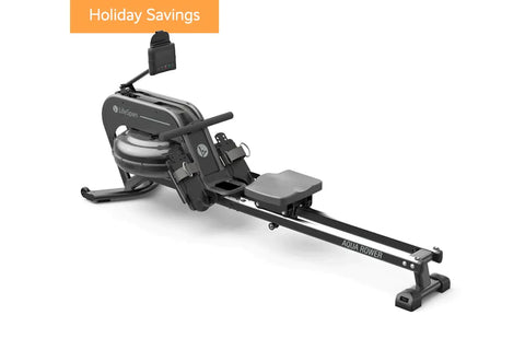 Black water rowing machine with digital monitor, padded seat, and adjustable footrest on white background