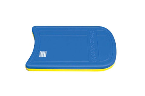 Blue and yellow foam kickboard with textured grip surface and QR code label on white background