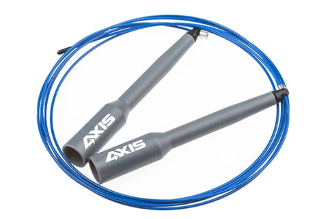 Warrior Axis speed rope with blue cable and gray handles on white background
