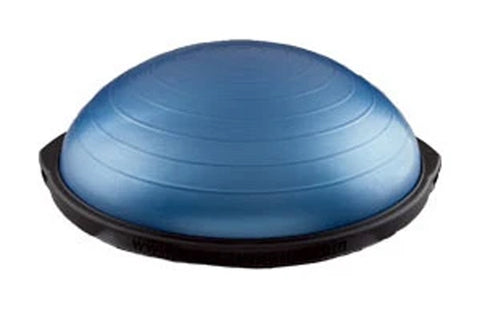 Blue Bosu balance trainer with black base and ribbed surface, shown on white background