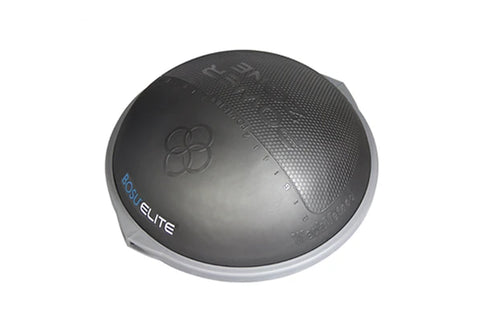 Bosu Ball Elite with gray dome top and textured surface, white base ring on white background