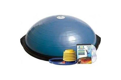 Blue stability ball with black base, yellow resistance bands, and instructional materials included