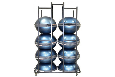 Bosu ball storage rack with eight blue metallic balance balls stacked in two columns, black metal frame with casters on white