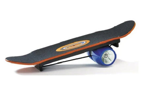 Warrior Balance Board with black grip tape, orange rails, and blue wheel on white background