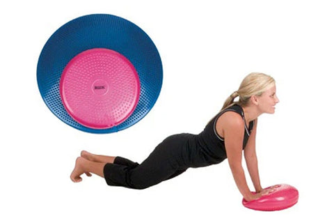 Warrior Balance Discs set with blue and pink textured wobble cushions, shown in flat lay and worn by model in plank position
