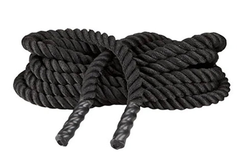 Black twisted battle rope with thick braided nylon construction and reinforced handles, shown coiled on white background