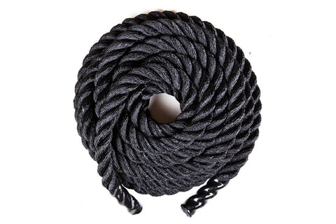 Warrior Battle Rope Graphite coiled with metal anchor on white background