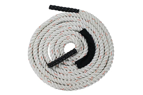 White twisted battle rope with red tracer strands and black braided handles on ends, coiled on white background