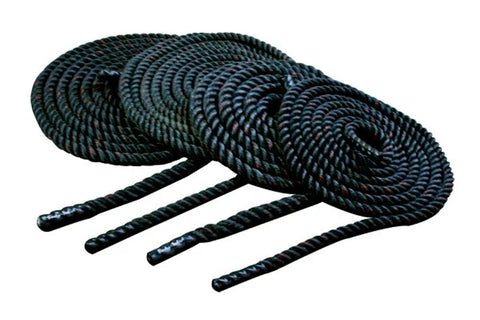 Black twisted battle ropes coiled with four extended strands on white background