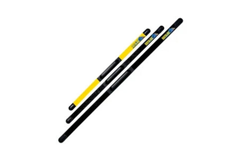 Three billiard cue sticks arranged diagonally, including one yellow and black two-tone cue and two solid black cues with rubb