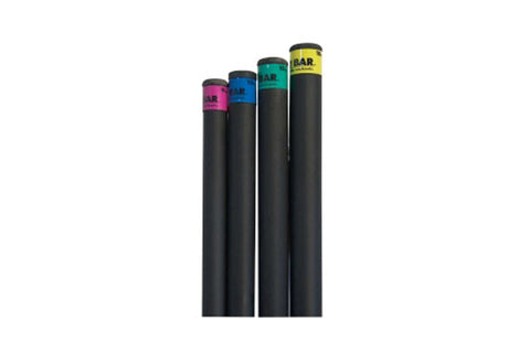 Four black cylindrical weighted bars with colored top bands in magenta, blue, teal, and yellow on white background