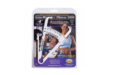 Accu-Measure Fitness 3000 body fat caliper with measurement scale, white and purple design, displayed in packaging with model