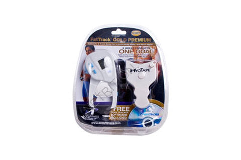 FatTrack GOLD PREMIUM body fat digital caliper and MyoTape measurement tool set in white and black on white background
