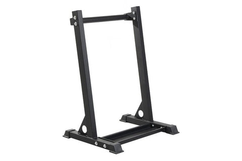 Black metal storage rack with angled frame holding colorful body bars in pink, green, red, blue, and purple, on white backgro
