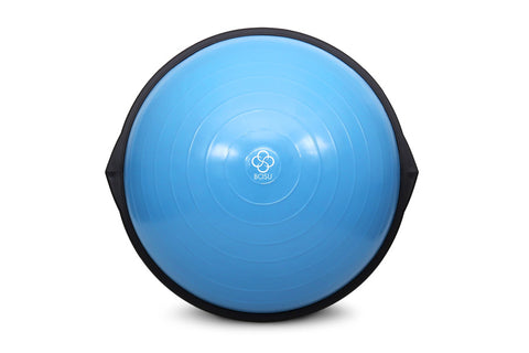 Blue Bosu balance trainer with black base and ribbed surface, shown on white background