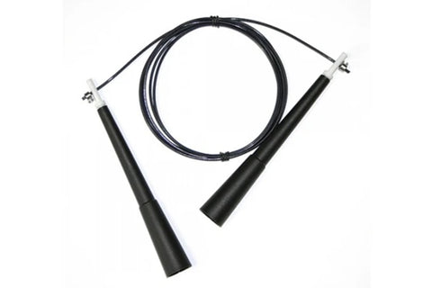 Black cable speed rope with metal handles and foam grips, coiled on white background