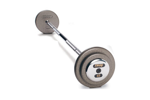 Pair of cast-iron dumbbells with gray and black textured plates, chrome handles, labeled 45 lbs, on white background