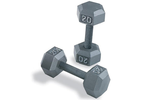 Set of cast iron hex dumbbells in varying sizes from 6 to 50 pounds, shown on white background