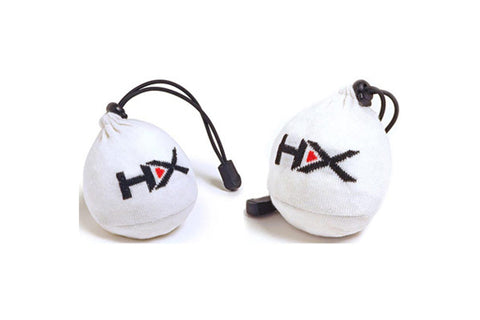White knit chalk balls with black "HDX" logo and red accent, black drawstring closure, shown as pair on white background