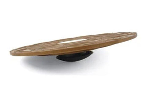 Natural wood balance board with black curved base on white background