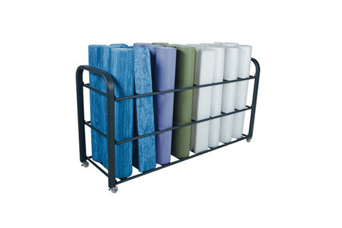 Black metal cart with wheels holding multiple foam rollers in blue, purple, green, and white colors on white background