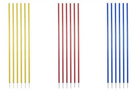Set of six coaching sticks in yellow, burgundy, and blue, displayed on white background