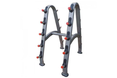 Warrior Commercial Barbell Rack with gray metal frame and red safety stops, shown on white background