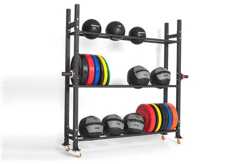 Black metal weight storage rack with three shelves holding colored weight plates, medicine balls, and dumbbells, on white bac