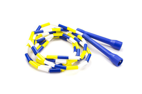 Warrior Custom Beaded Jump Rope with blue, yellow, and white segmented beads and blue plastic handles on white background