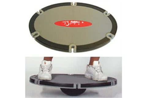 Gray and black oval balance board with red logo and cream-colored handles, shown from top view and in use with person wearing