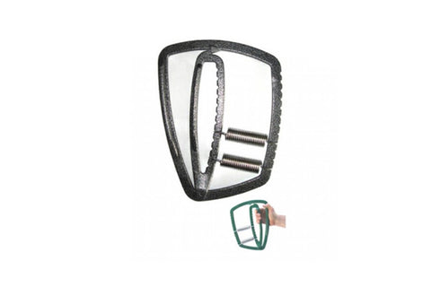 Black metal hand gripper with textured grip surface and adjustable resistance springs, shown on white background