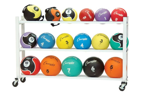 White mobile cart with three shelves holding assorted colored medicine balls numbered 1-18, including yellow, orange, red, pu