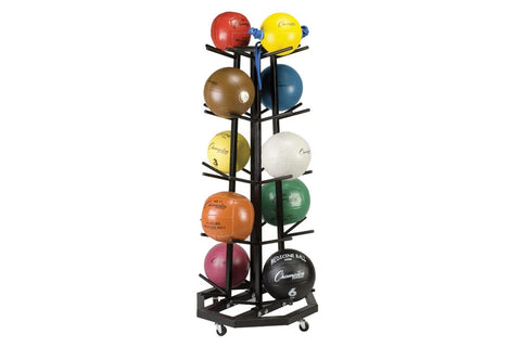 Warrior Deluxe Medicine Ball Rack with black frame holding eight colored medicine balls on white background