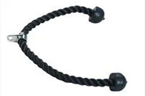 Black twisted rope tricep attachment with metal carabiner and dual rubber ball handles on white background