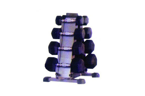 Warrior dumbbell rack with gray vertical frame holding four pairs of black round dumbbells on white background