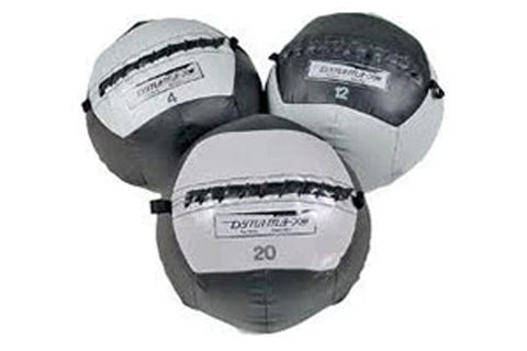 Three Dynamax medicine balls in gray and black, numbered 4, 12, and 20 pounds, displayed on white background