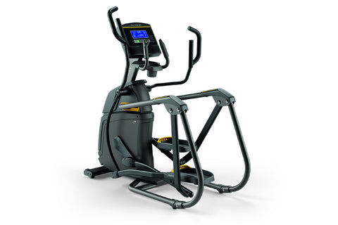 Black and gray elliptical trainer with yellow accents, digital display console, and curved handlebar grips on white backgroun