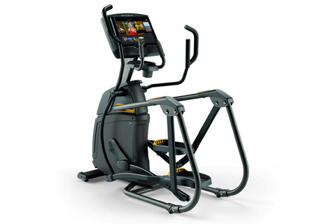 Black and gray elliptical trainer with yellow accents, digital display console, and curved handlebar grips on white backgroun