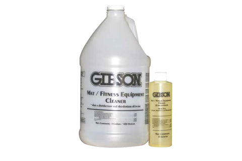 Gibson Mat Fitness Equipment Cleaner, large gallon-size clear bottle with smaller yellow concentrate bottle on white backgrou
