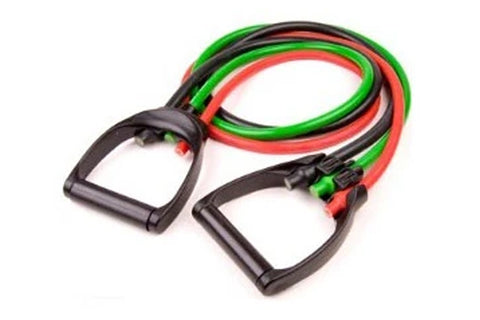 Warrior exercise tubing with black handles and green, red, and black resistance bands on white background