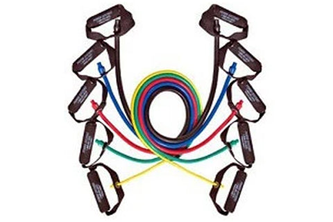 Warrior Exercise and Resistance Tubing set with multicolor bands and brown handle loops on white background