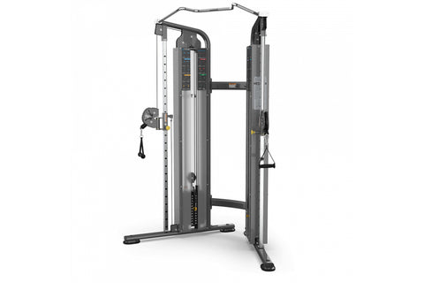TRUE FS-100 Functional Trainer with dual adjustable weight stacks, cable pulleys, and black handles on white background