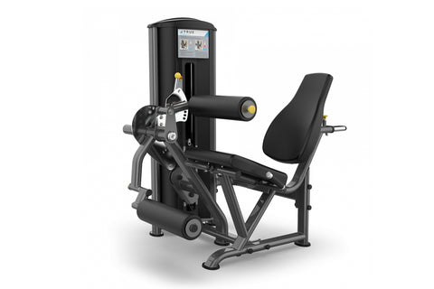 Black commercial leg extension and leg curl machine with digital display panel, adjustable black padded seat and backrest, on