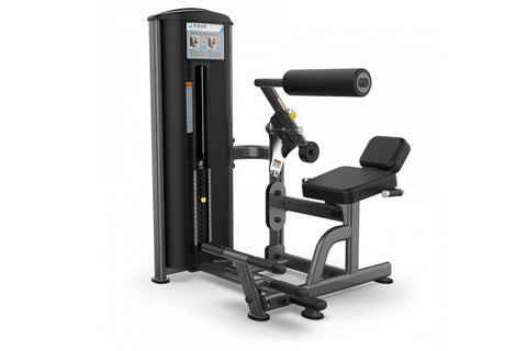 TRUE FS-57 low back and abdominal exercise machine with black padding, adjustable seat, and digital display on white backgrou