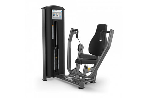 Black TRUE FS-64 chest press machine with padded seat and backrest, digital display panel, and weight stack on white backgrou